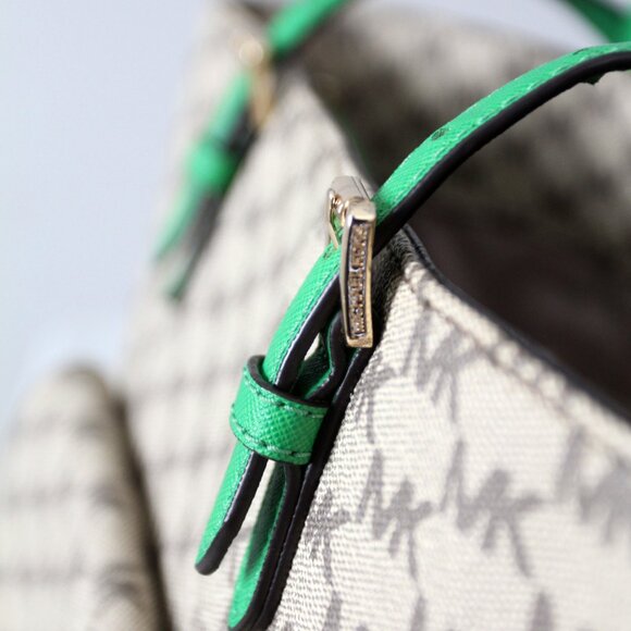 Michael Kors Monogram Canvas Tote Bag with Green Leather Handles - Picture 9 of 16